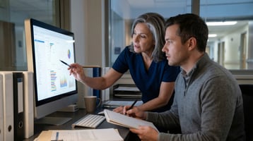 Healthcare professionals reviewing clinical performance and documentation data on a computer dashboard